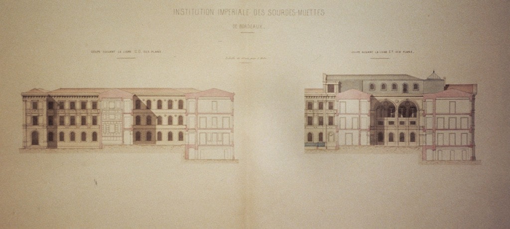 croquis de coupes du projet d'institution de sourdes-muettes à Bordeaux